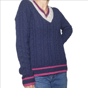 Sweater Cable knit Preppy V-neck Lambs wool Navy grey pink color BROOKS BROTHERS